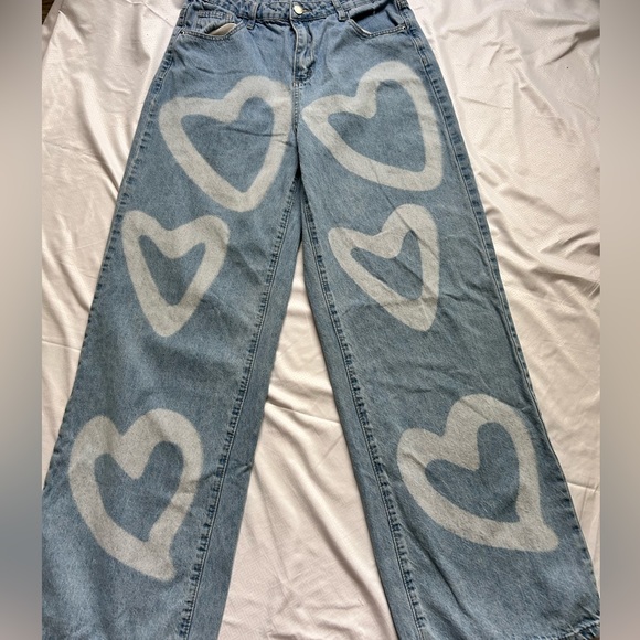 BLUE JEAN HEART PRINT WIDE LEG PANTS - Picture 3 of 6